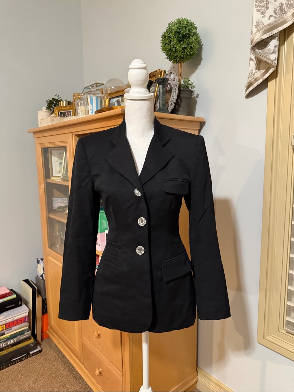 Women's Moschery Wool Black Fitted Breasted Blazer with Silver Buttons Size 2